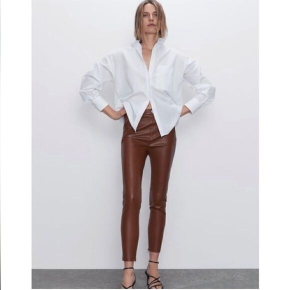 ZARA Gray-Brown High Waist Vegan Leather Pant with Side Split Hem | SZ S - Picture 1 of 13
